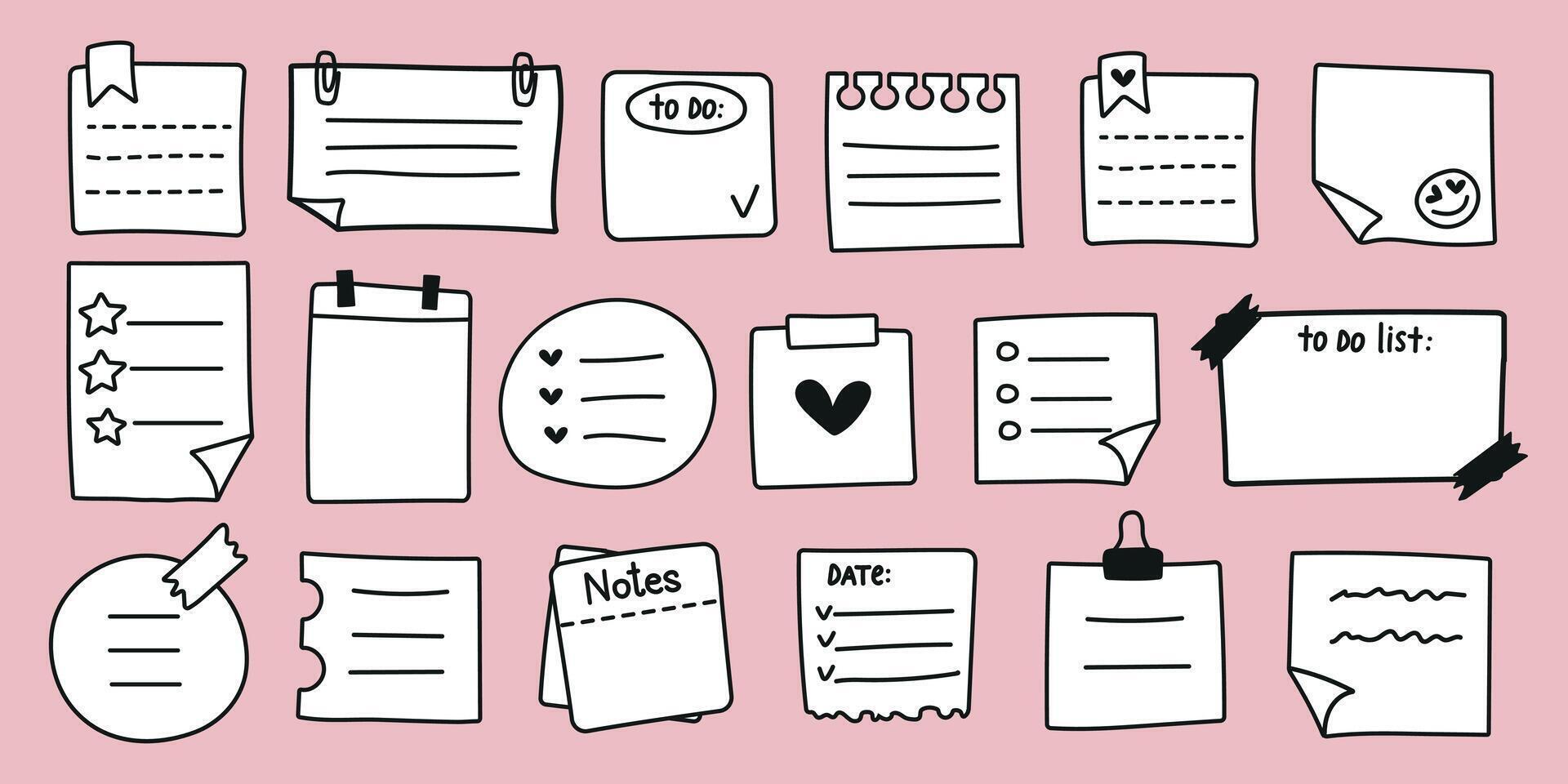 Hand drawn memo paper sheet icon set in flat style. Simple sticky note set. Illustration of notes on isolated pink background. Memo doodle. A variety of paper stickers. vector