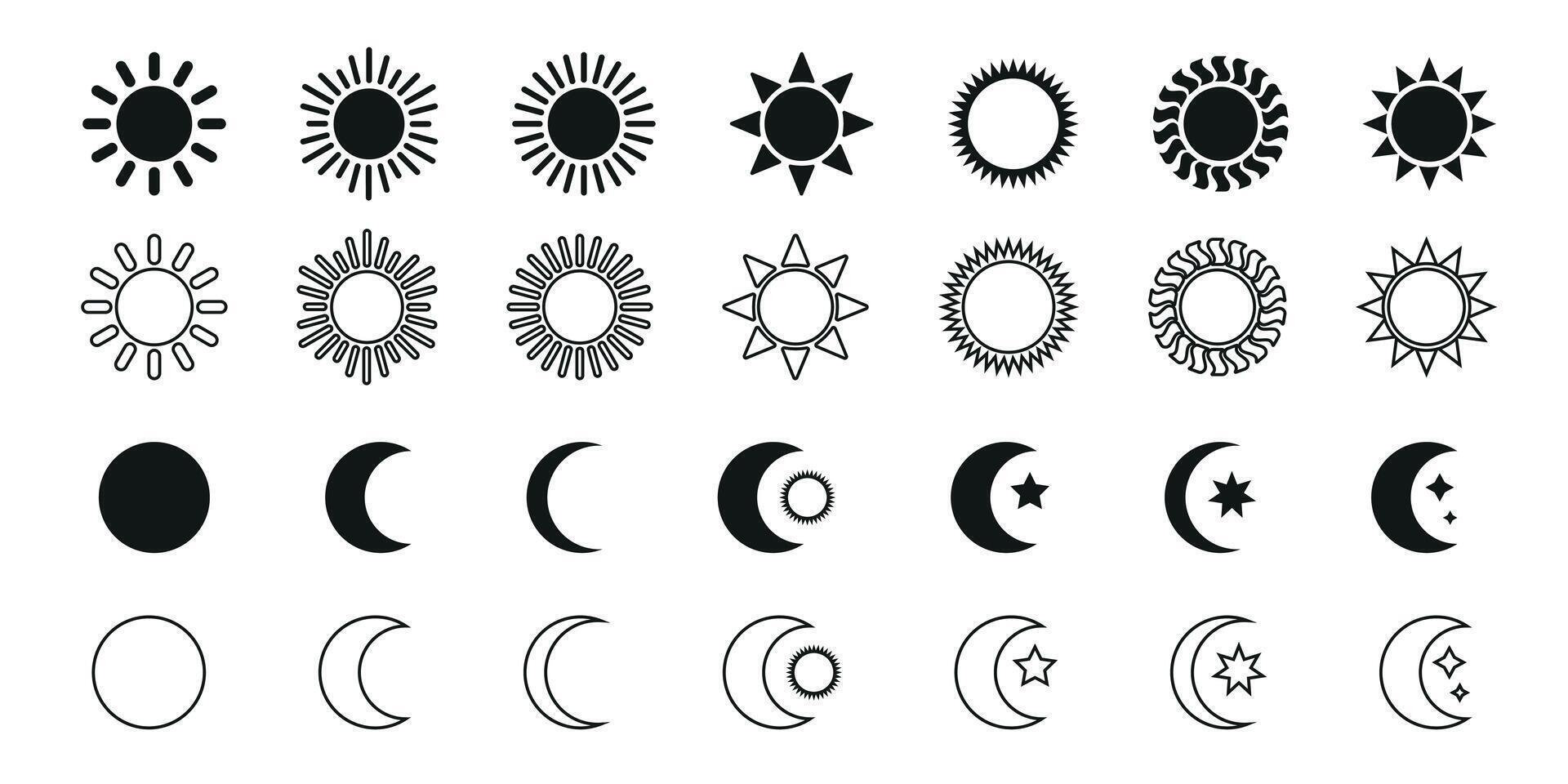 Sun and moon icon illustration set. Night icon of the moon with stars and sun icon, on white background. Black and white symbols, celestial design elements, star, crescent phases. vector