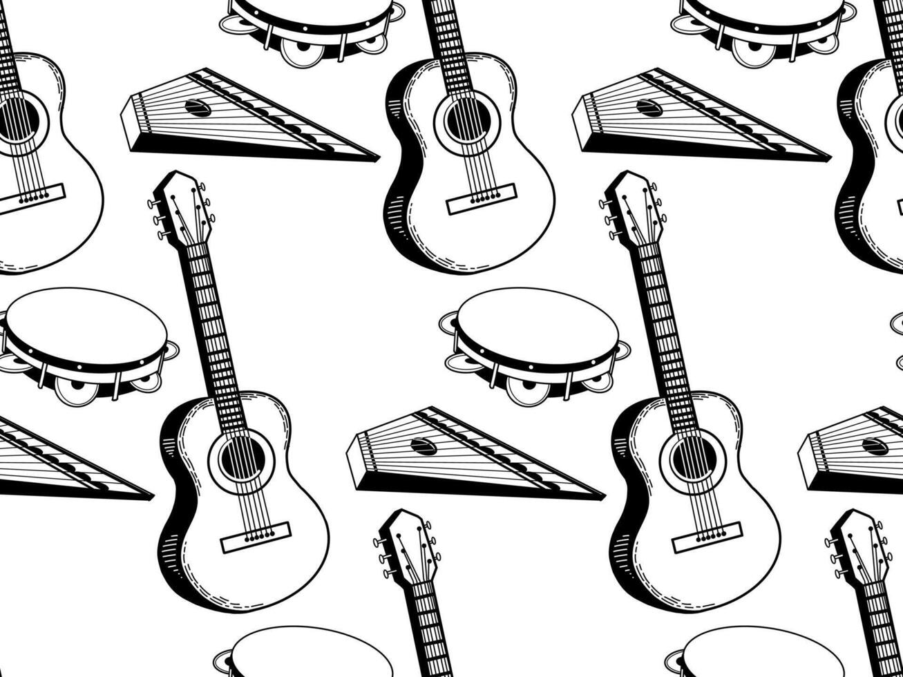 Folk musical instruments. Russian musical instruments, guitar, tambourine, gusli, notes. All objects are hand-drawn in in black on a white background. Suitable for printing on fabric and paper vector