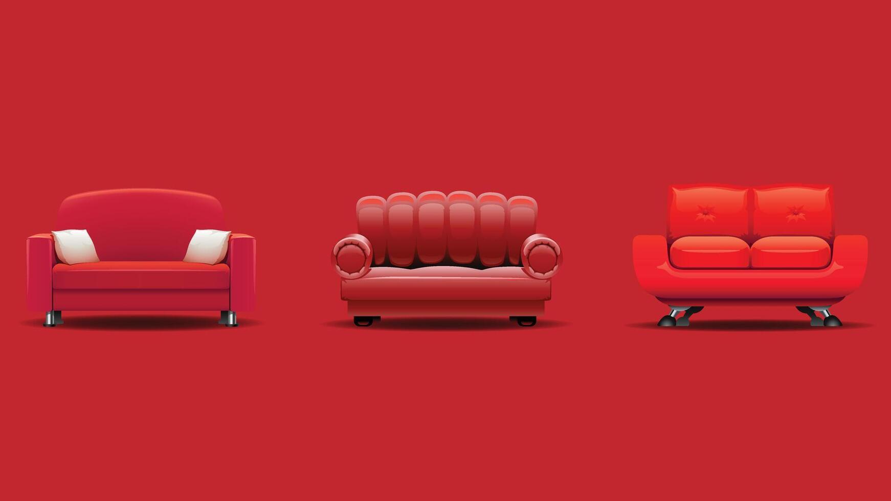 a set of three red chairs and a couch vector