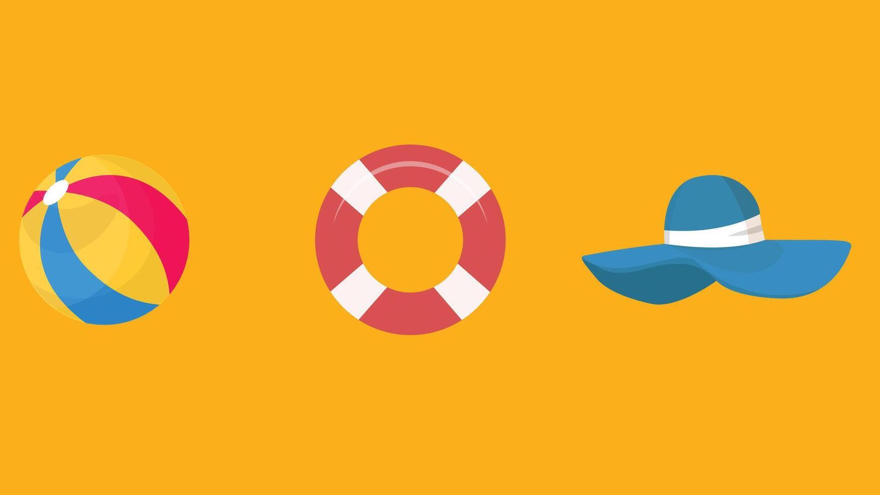 a set of colorful icons depicting beach balls, hats and life preservers vector