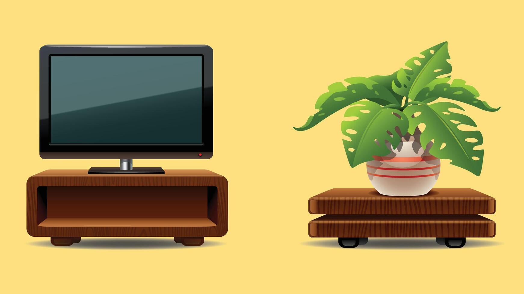a television and a plant on a table interior design decoration vector