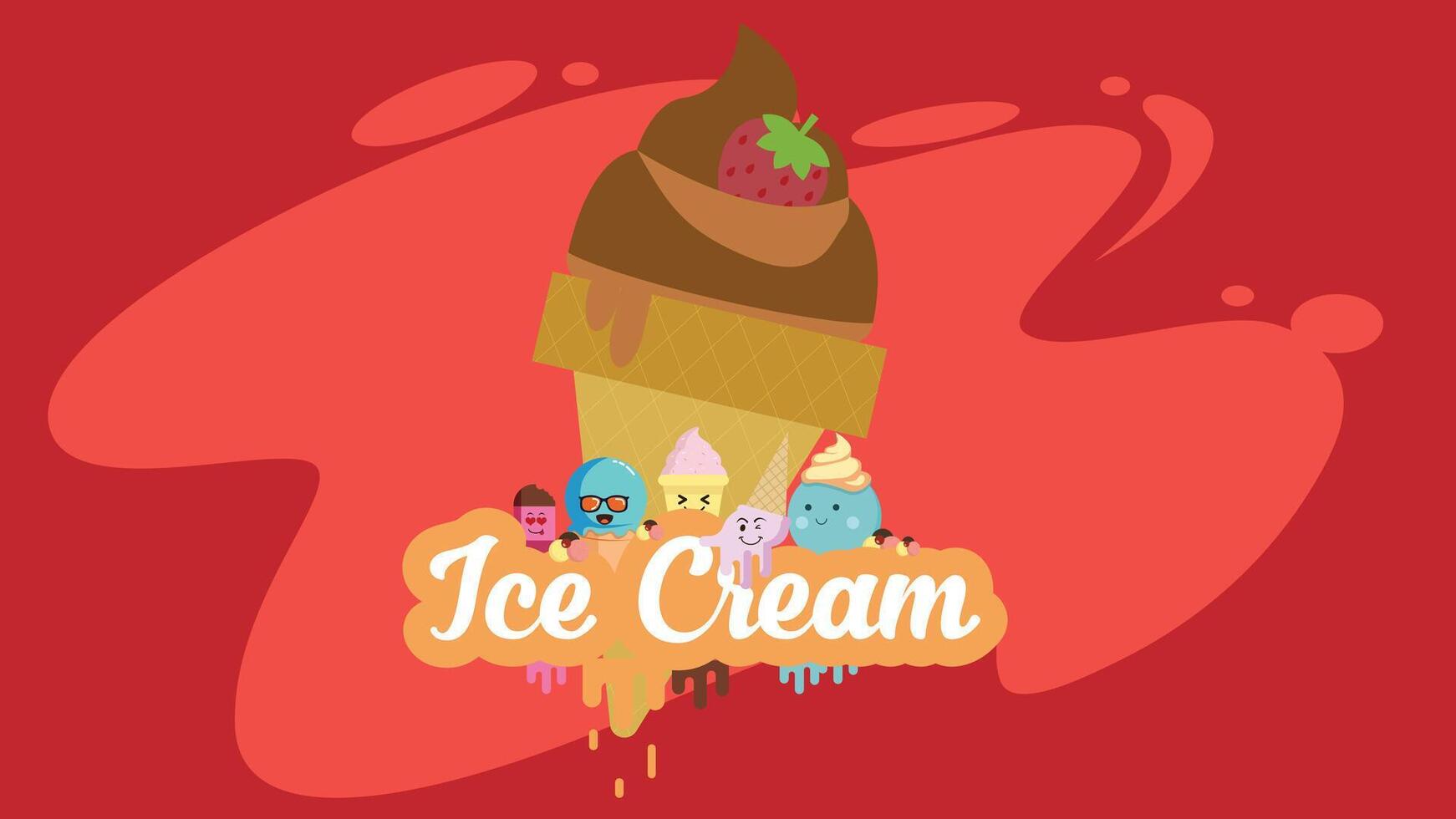 ice cream logo with cartoon characters on a red background vector
