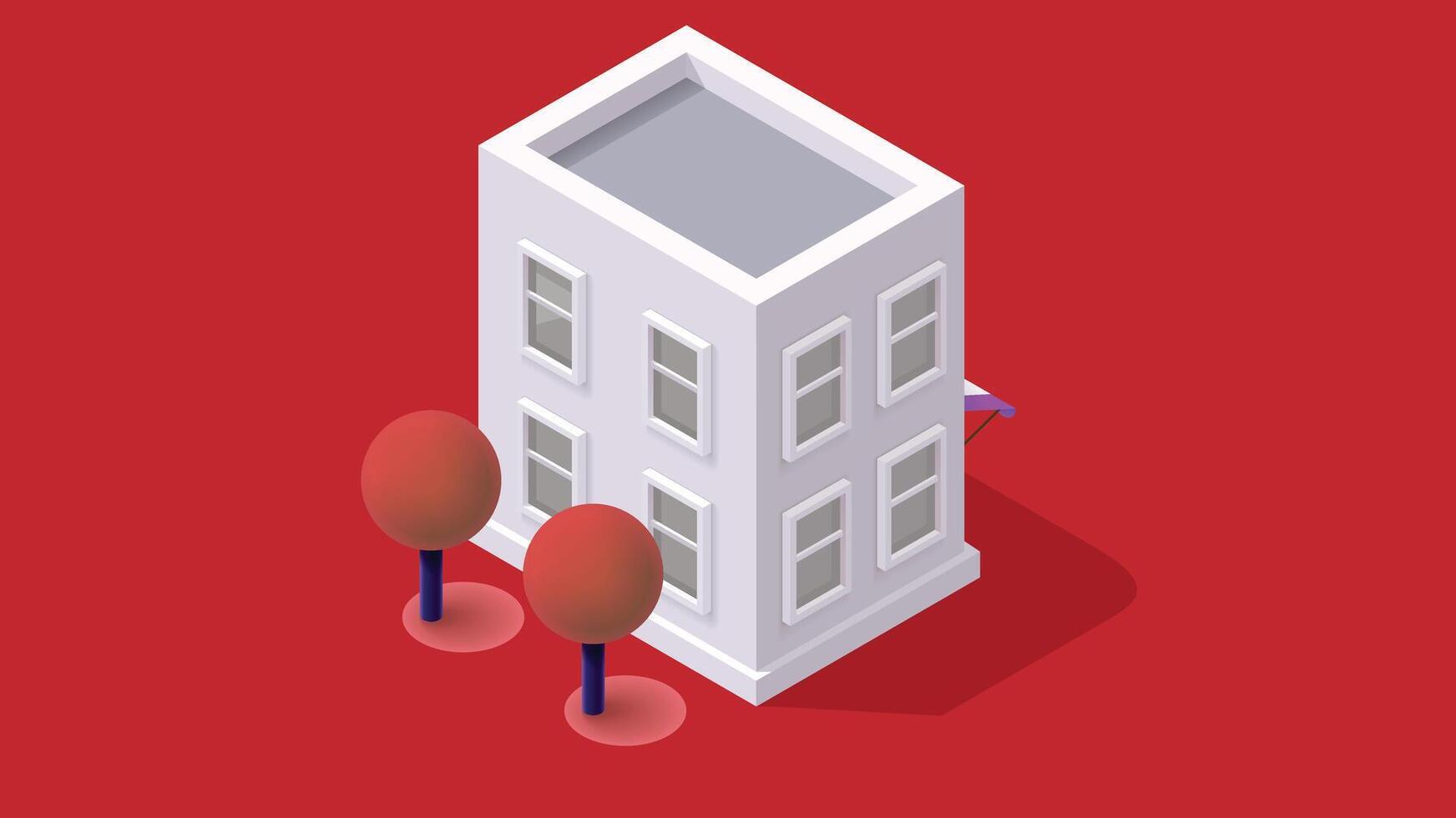 a white building with two trees in front of it isometric style illustration vector