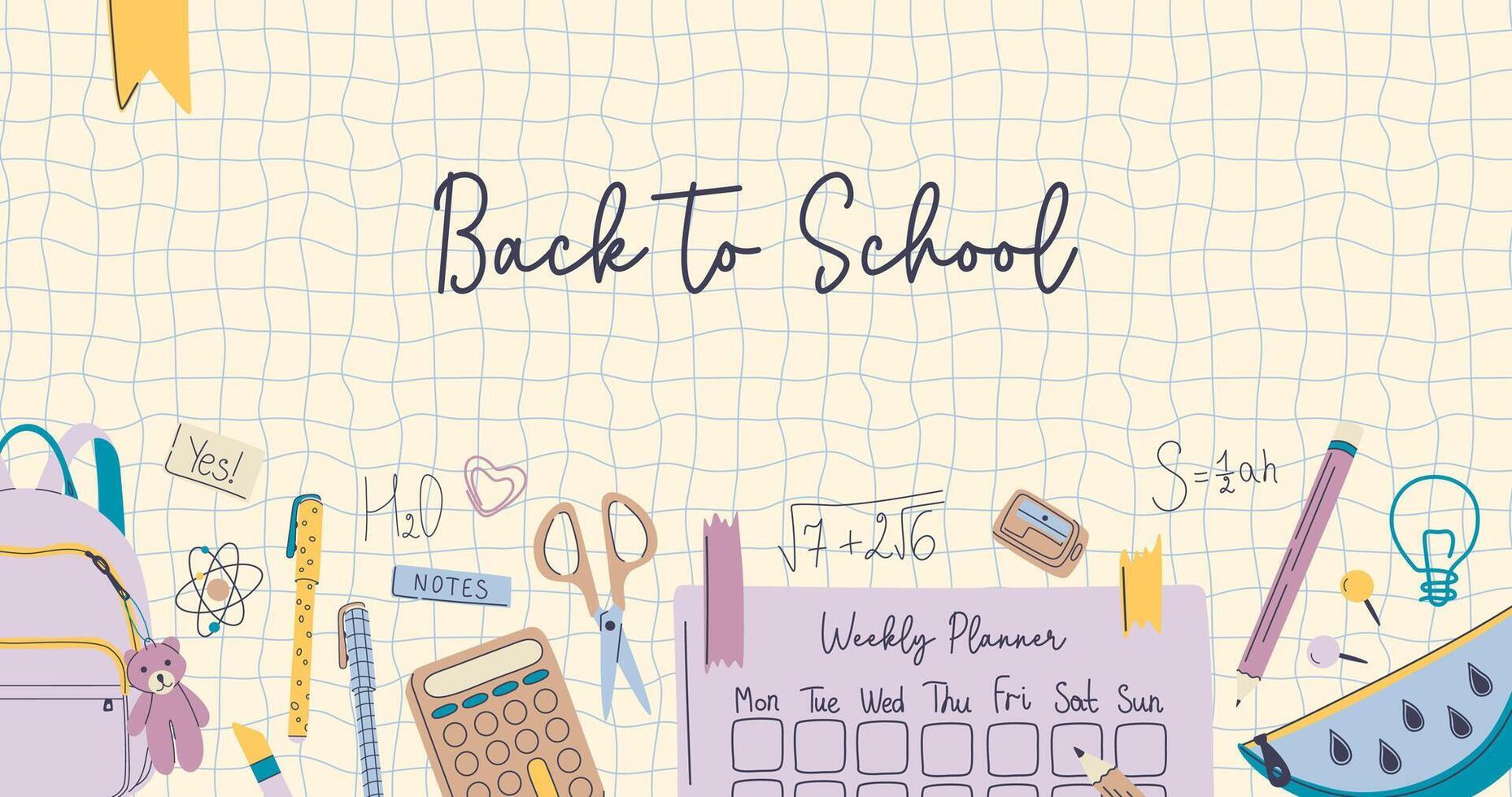 Back to school retro colors background with school stuff. Educational theme banner with different stationery on a grid backdrop. Hand drawn flat design illustration. vector
