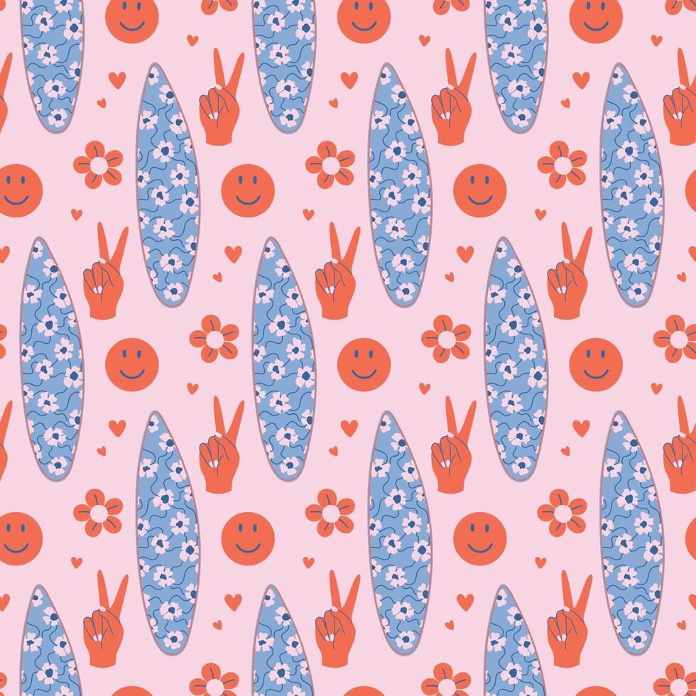 Retro style surfboard seamless pattern. Vintage cool vibes background. Y2K aesthetic print with SUP board, victory symbol, smile. Hand drawn flat design illustration on pink backdrop. vector