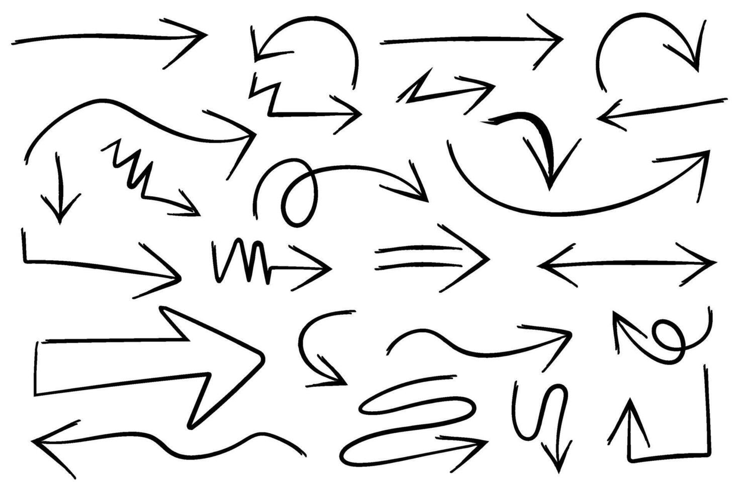 Arrow marker pen line strokes. Hand drawn sketch arrow direction icon set. vector