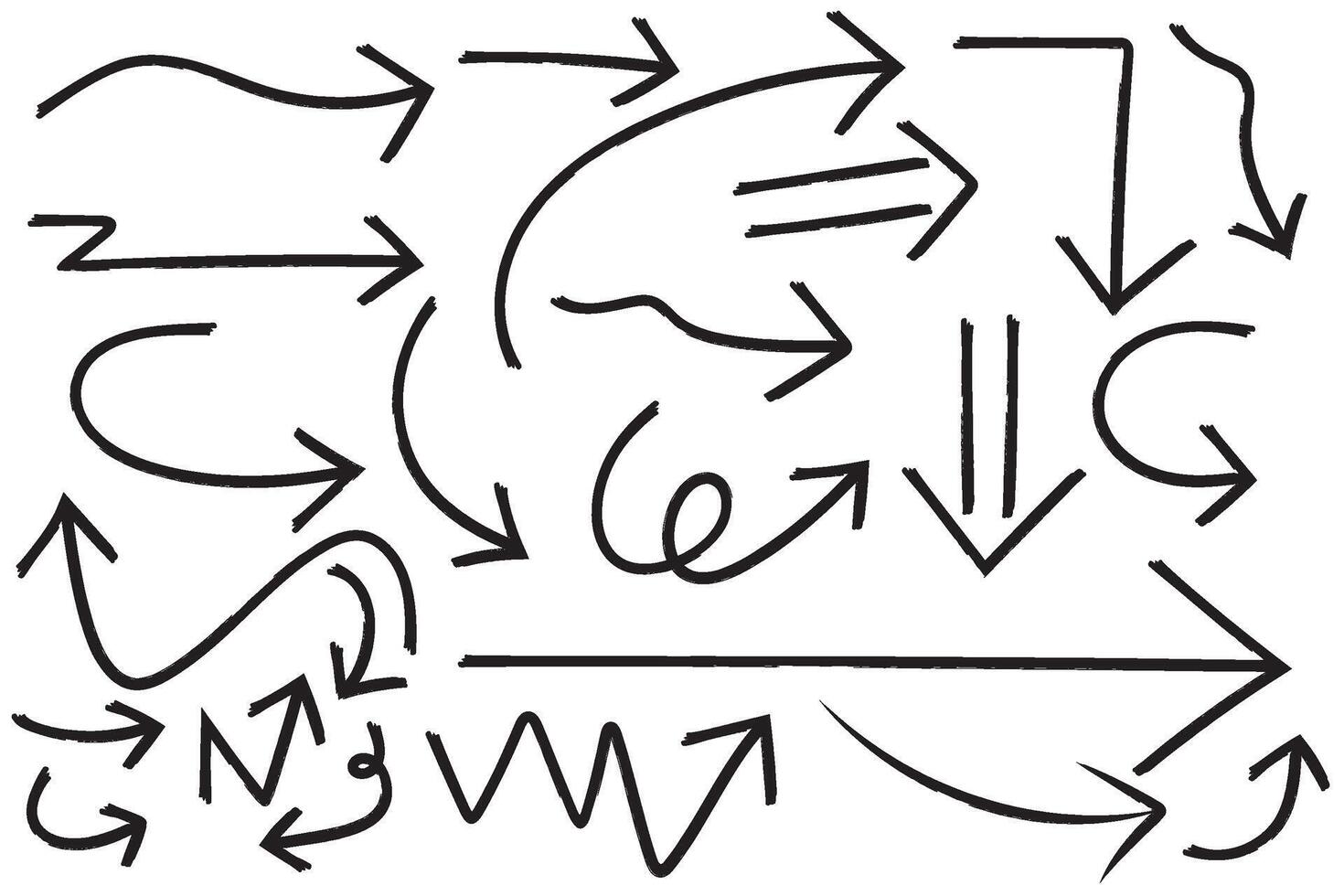 Arrow marker pen line strokes. Hand drawn sketch arrow direction icon set. vector