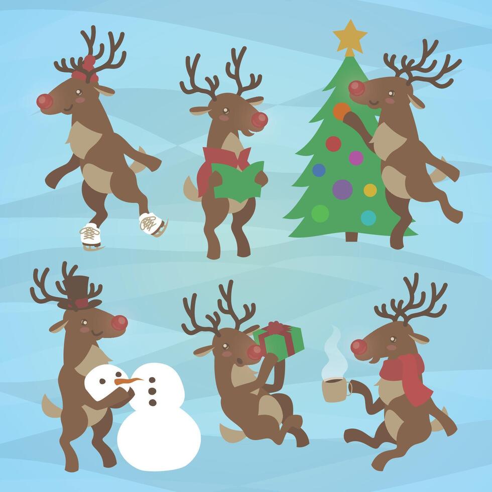 Cute cartoon illustration of reindeer celebrating Christmas. Fun holiday animal characters. Skating caroling christmas tree snowman presents hot cocoa. Flat colors, snow background vector