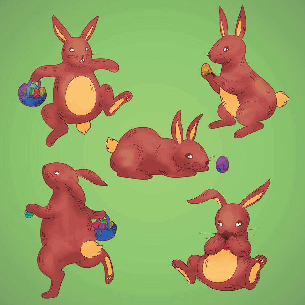 Cute painterly illustration of easter bunnies. Fun bunnies with colorful chocolate easter eggs in basket. Flat green background vector