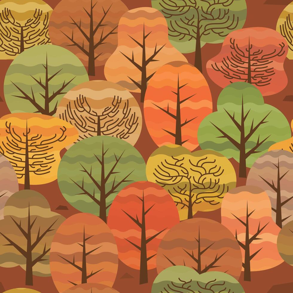 Tileable illustration of autumn forest. Repeating trees nature. Cozy fall environment. Flat earth tone colors. Green orange red yellow vector