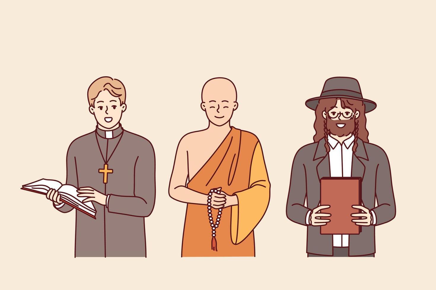 Spiritual leaders from different religious movements, dressed as catholic and buddhist or jewish vector