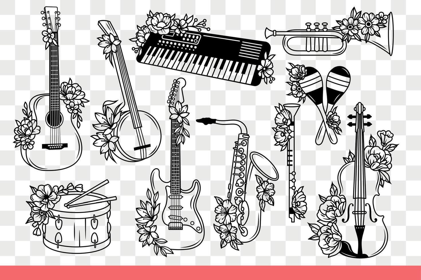 Musical instruments for youth group or orchestra accompanying singer. Hand drawn. vector