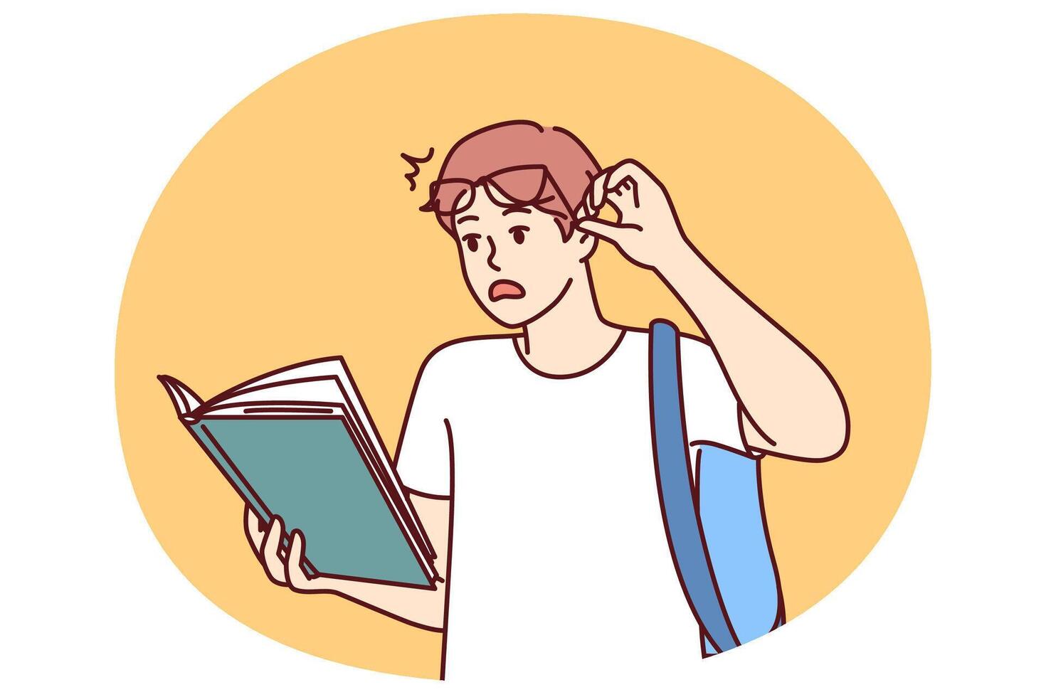 Shocked guy student with book reads amazing smart facts in textbook which causes wow effect vector