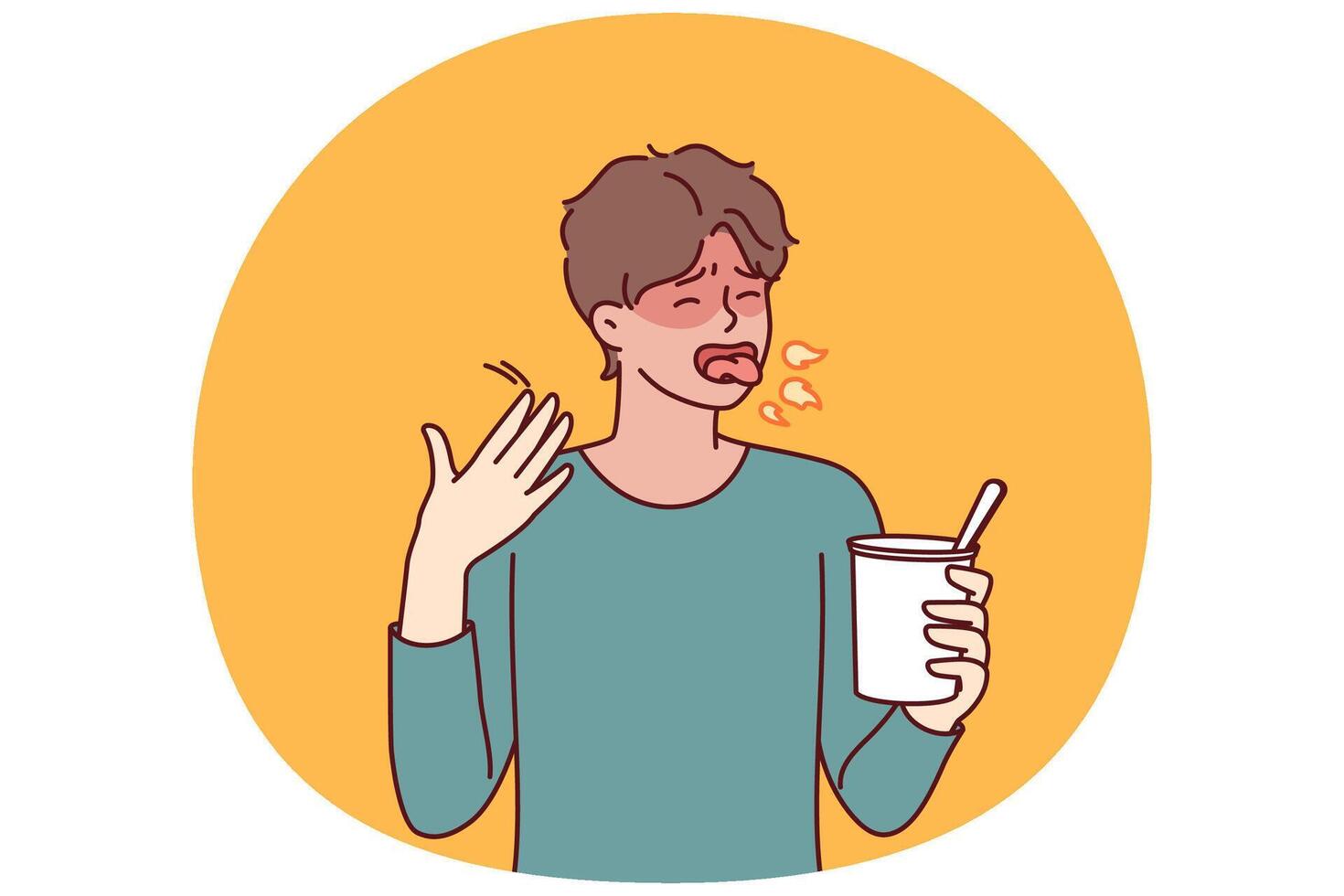 Man tried spicy takeaway from chinese restaurant and is coughing from overabundance of chili peppers vector