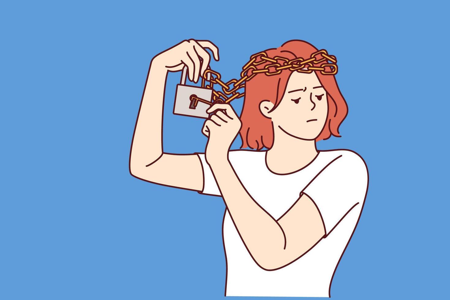 Woman with mental disorder and chain on head is trying to free herself from mental shackles vector