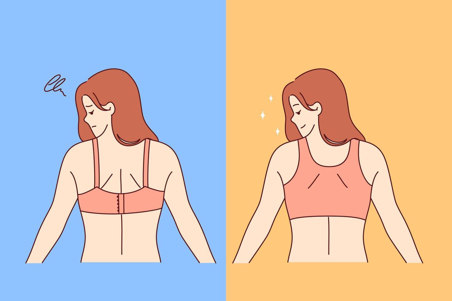 Woman wearing different types of bras compares comfort of underwear, which effect on posture vector