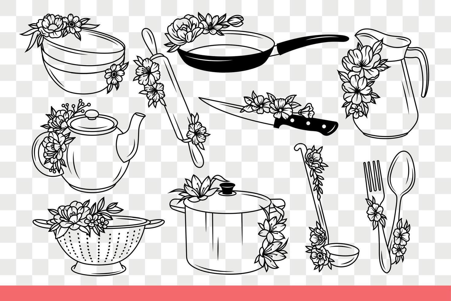 Kitchen utensils for housewives and professional chefs preparing culinary masterpieces. Hand drawn. vector