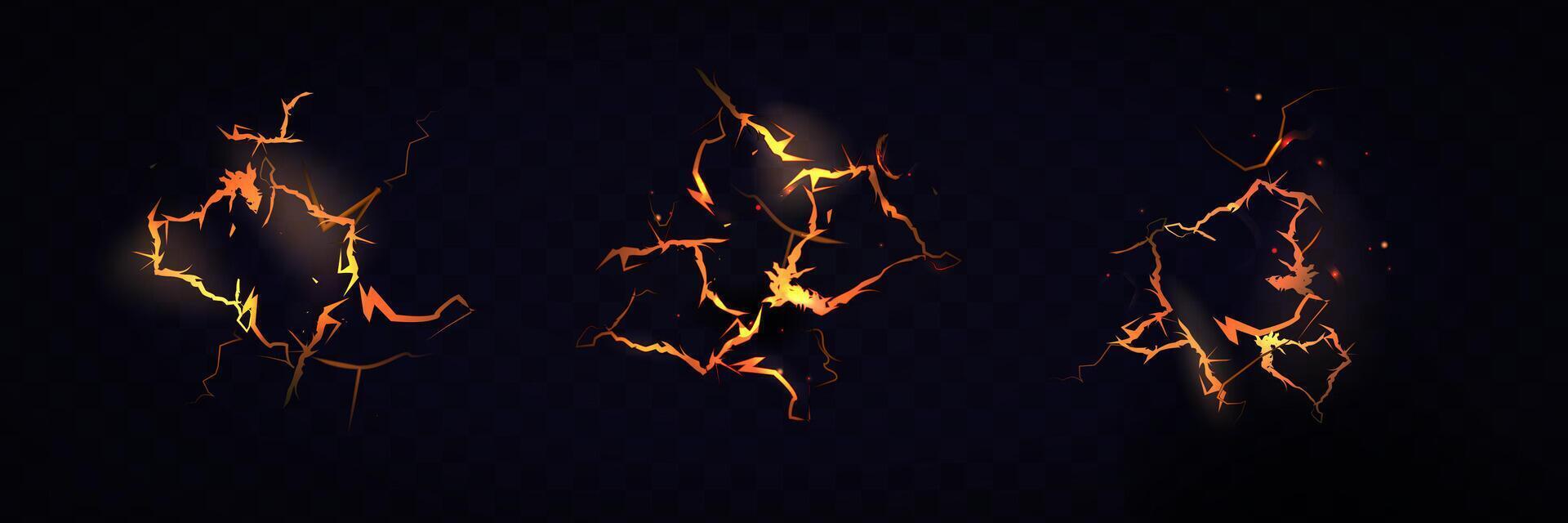 Lava cracks with glow of fire or magma inside. Set of fire lines vector