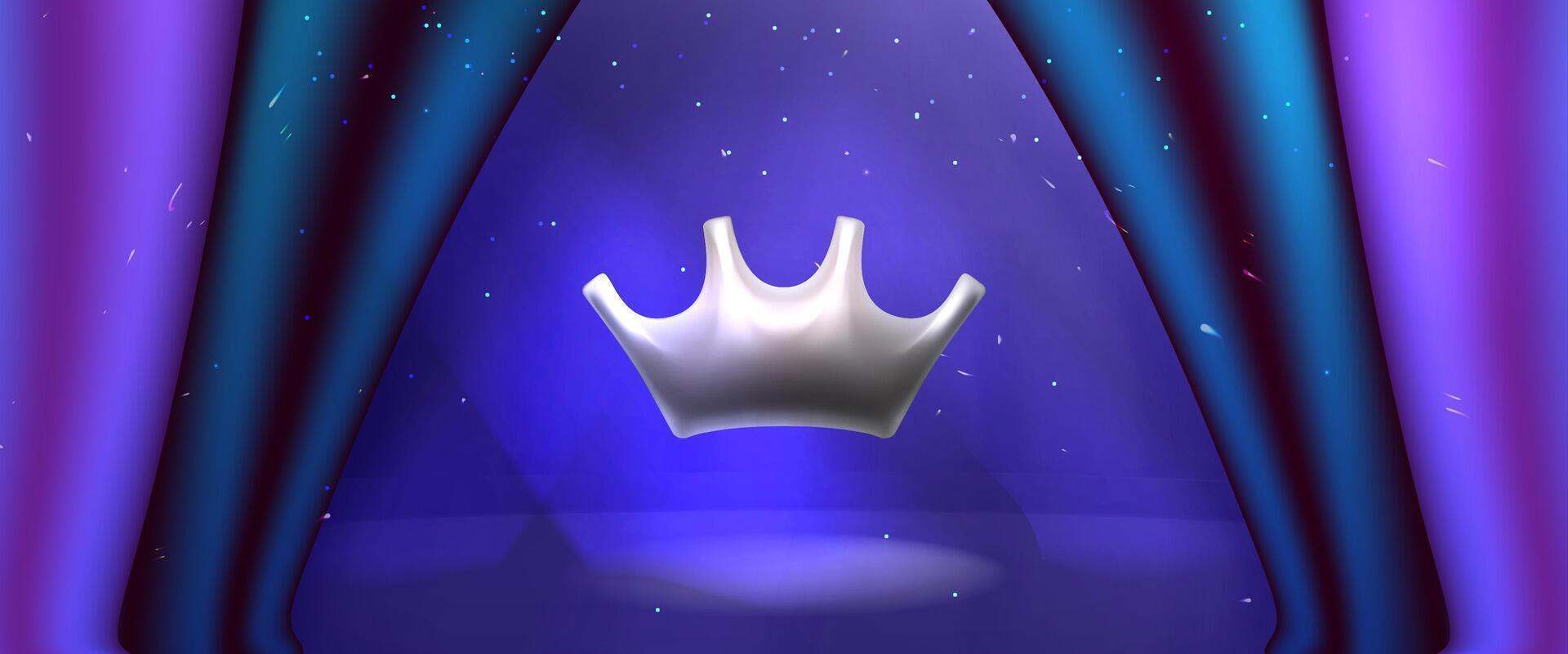 3d silver crown award scene with luxury curtains of blue color. Spotlight vector