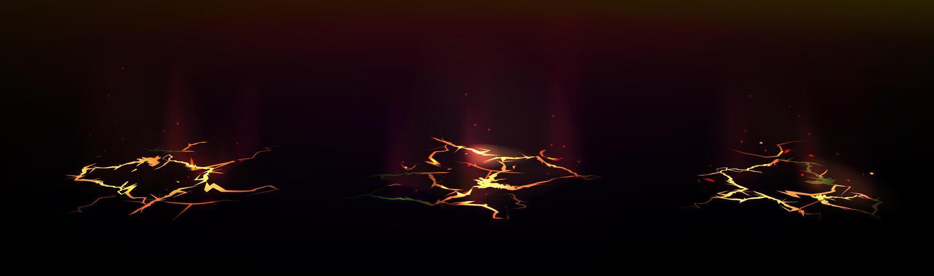 Dark background with lava cracks in the ground. Glow of fire or magma inside. Set of fire lines vector