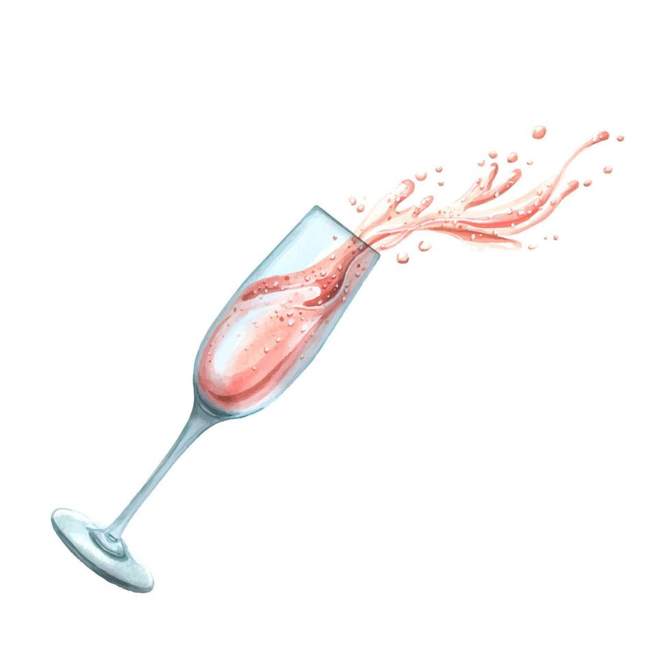 A glass with splashes of pink champagne. Watercolor illustration. An isolated object from a large set of HAPPY BIRTHDAY. For decoration, design and compositions of menus, postcards, greetings, logo vector