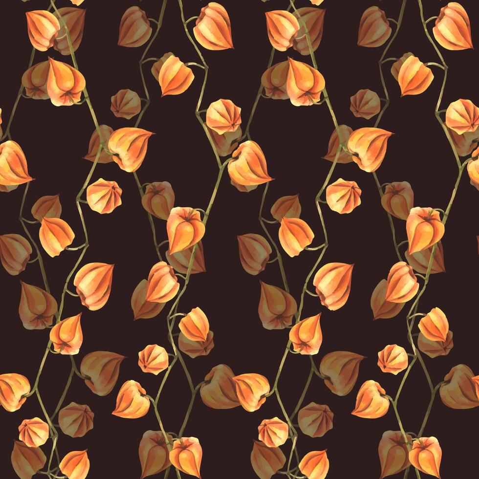 Autumn orange physalis berries on branches dry, without leaves dried flowers. Watercolor hand-drawn illustration. Seamless pattern on dark background vector