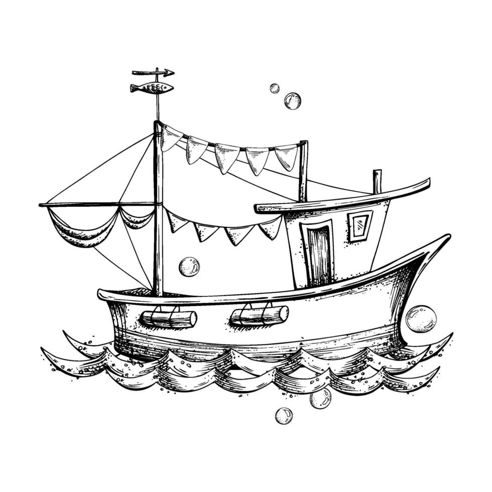 Fishing boat sailboat with garland of flags floating on sea waves with bubbles. Graphic line art hand drawn in black and white monochrome. Marine nautical composition. vector
