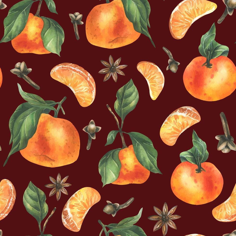 Tangerines with whole leaves and slices with spices, star anise and cloves. Watercolor illustration, hand drawn. Winter, Christmas seamless pattern on a burgundy background vector