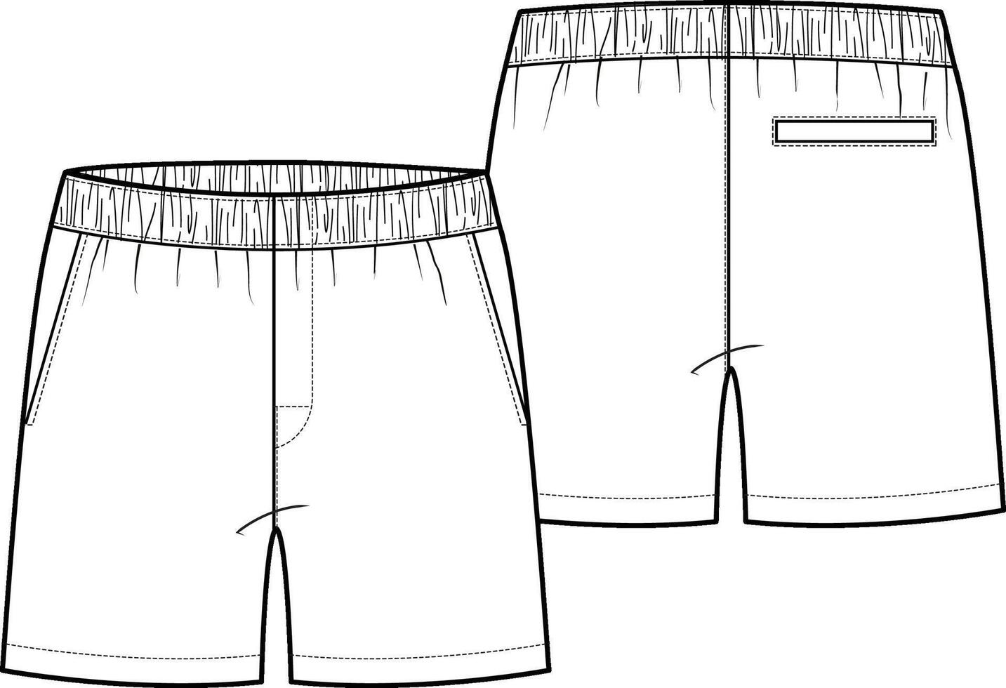 Classic basic men active boxer short with front pockets and back wearer right side welt pocket, elastic waistband, flat sketch illustration, fashion design, front and back view vector