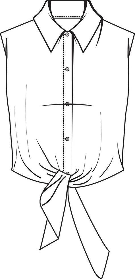 Women Sleeveless shirt buttoned flat sketch with collar and knot at front hem vector