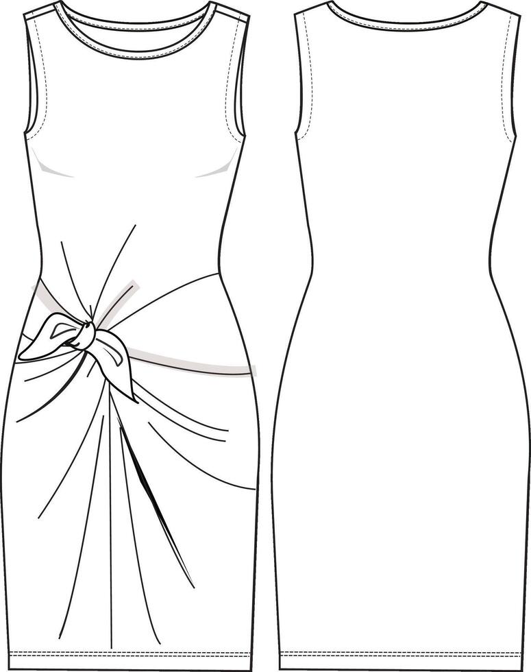Woman sleeveless fitted dress, draped, straight hem, round neck, tied with knot at waist vector