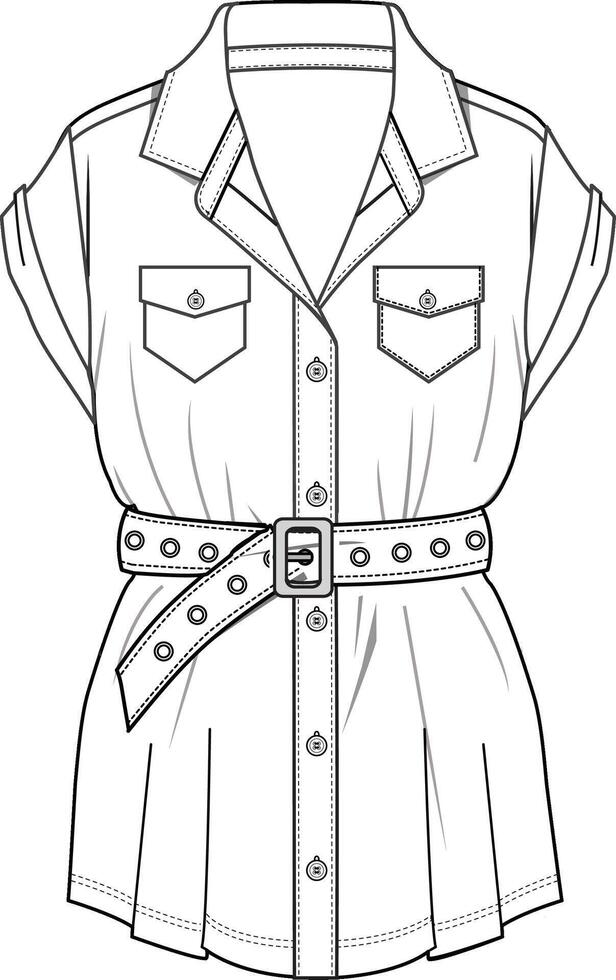 Women short sleeve buttoned up shirt with chest pockets and belted at waist vector