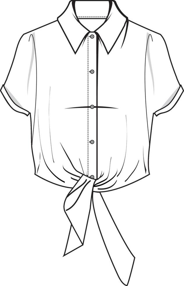 Women blouse short sleeve draped shirt with knot at hem, flat sketch vector