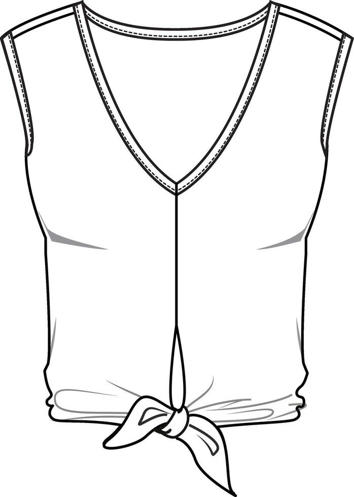 Women fitted fashion top v-neck neckline with knot at center front flat sketch illustration fashion design vector