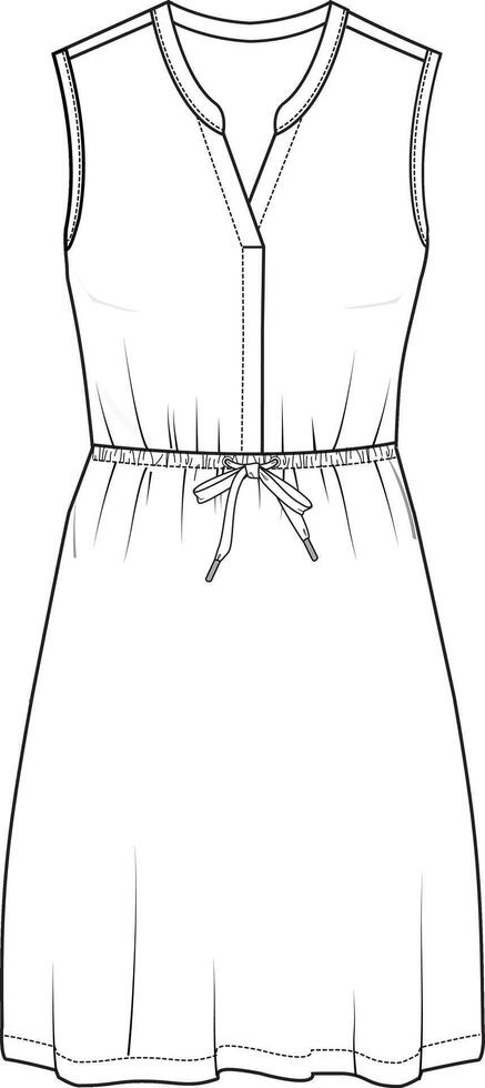 Woman blouse dress sleeveless tied with drawcord at waistband, flare hem, placket neckline vector