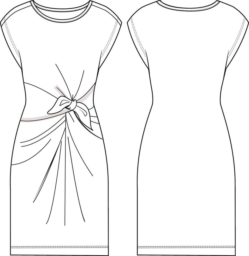 Woman fitted dress draped at waist, short sleeves, straight hem, round neck, tied with knot at waist vector