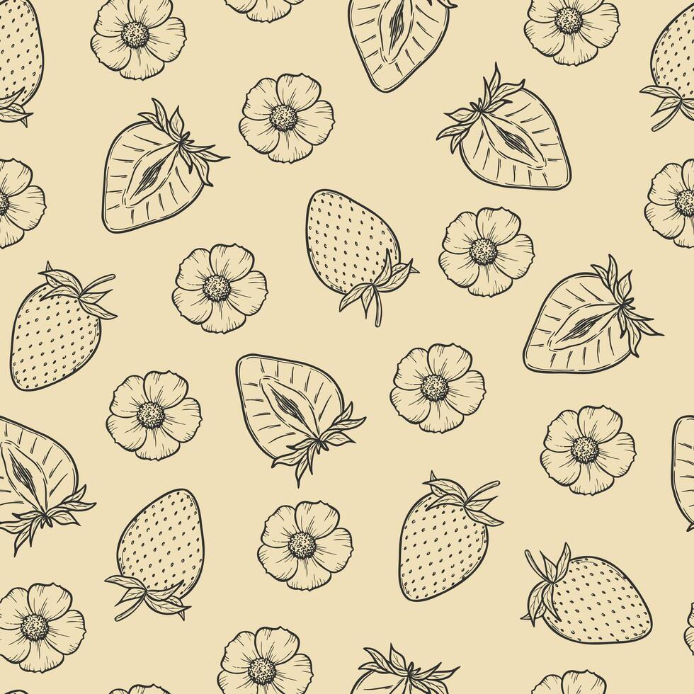 Seamless pattern with strawberries, black line art illustration on beige background, hand drawn botanical outline sketch. Monochrome drawing. For digital background, packaging, textile. vector
