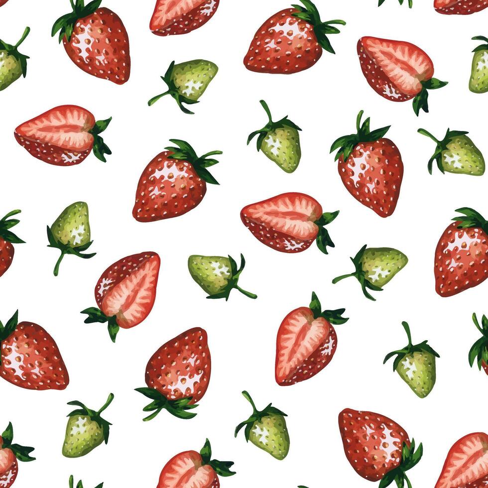 Seamless pattern with juicy red and green strawberries isolated on white background, hand drawn watercolor illustration. For background, fabric and textile, postcard, packaging. vector
