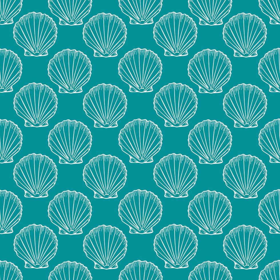 Seashells seamless pattern with line art illustration in white color on turquoise background. Scallop sketch, seashell line drawing. Summer beach ocean print for background, textile, fabric vector