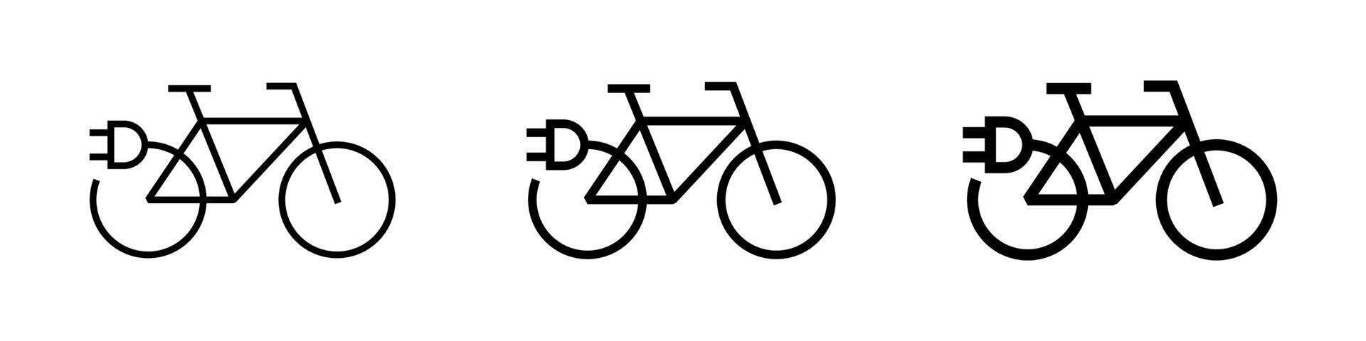 Electric bicycle icon set. Green electrical bike and plug charging station symbol. Eco friendly electro cycle vehicle linear sign concept. Battery powered ebike transportation eps logo collection vector