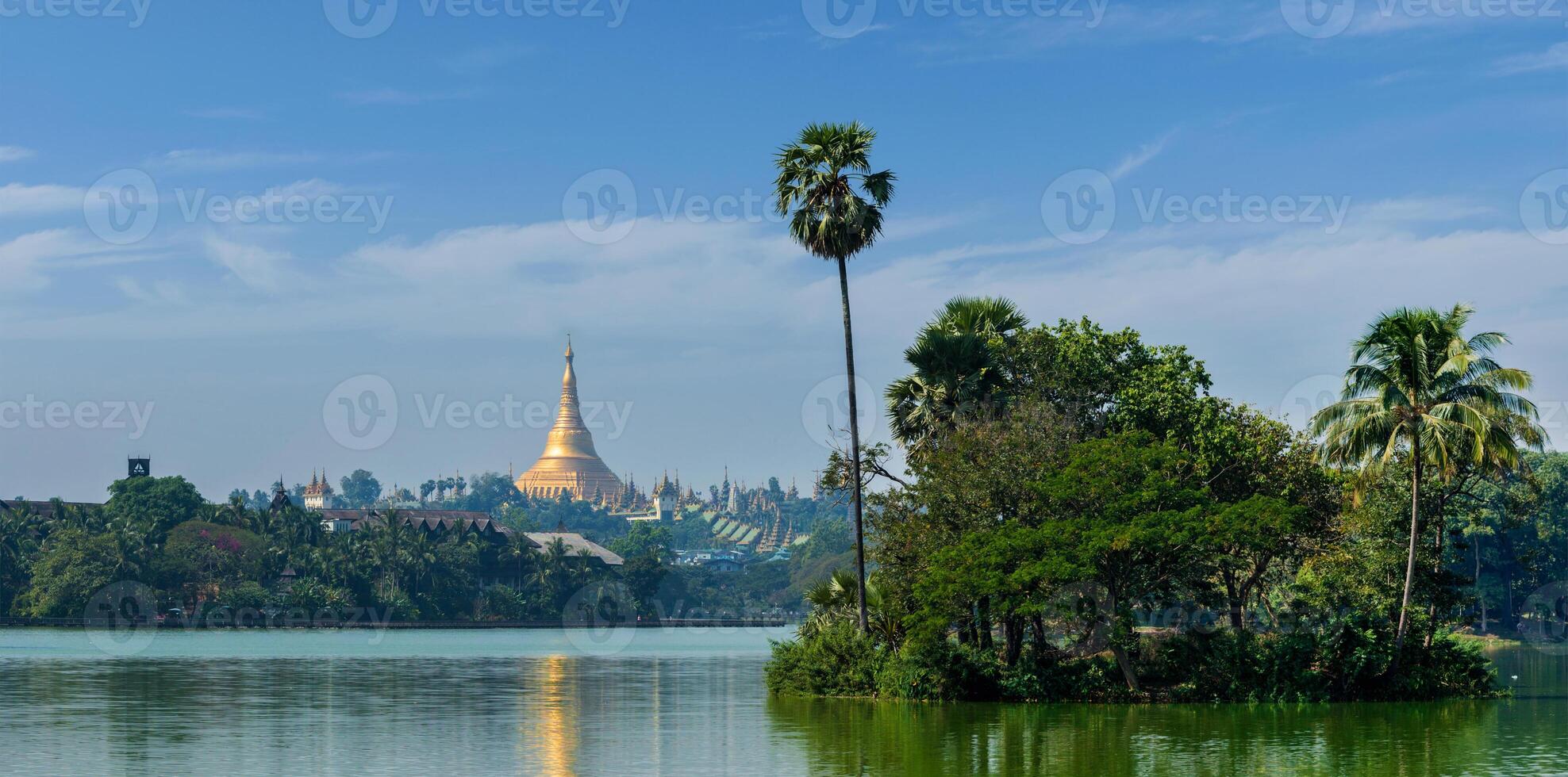 View of Shwedagon Pagoda over Kandawgyi Lake photo