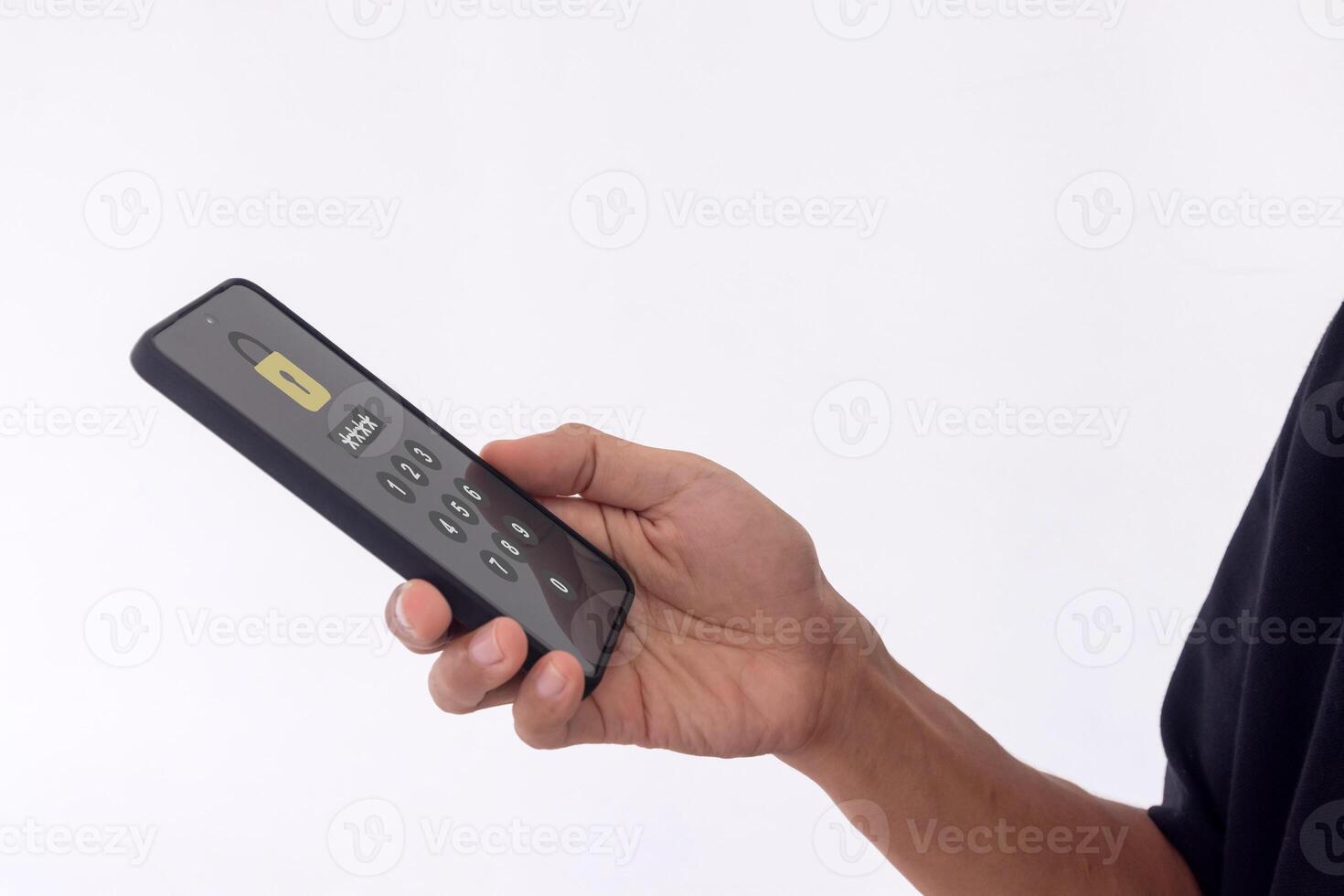 Man accessing smartphone with pin code. Encrypted data. photo