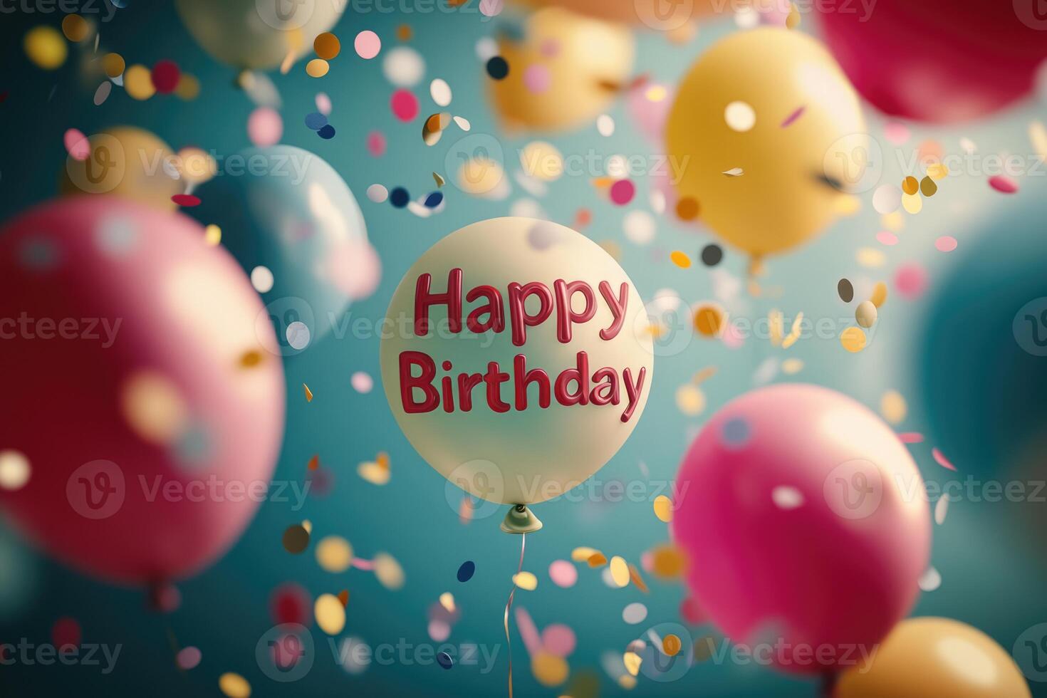 Red Happy Birthday text on blue background with colourful balloons and confetti. Children's party concept photo