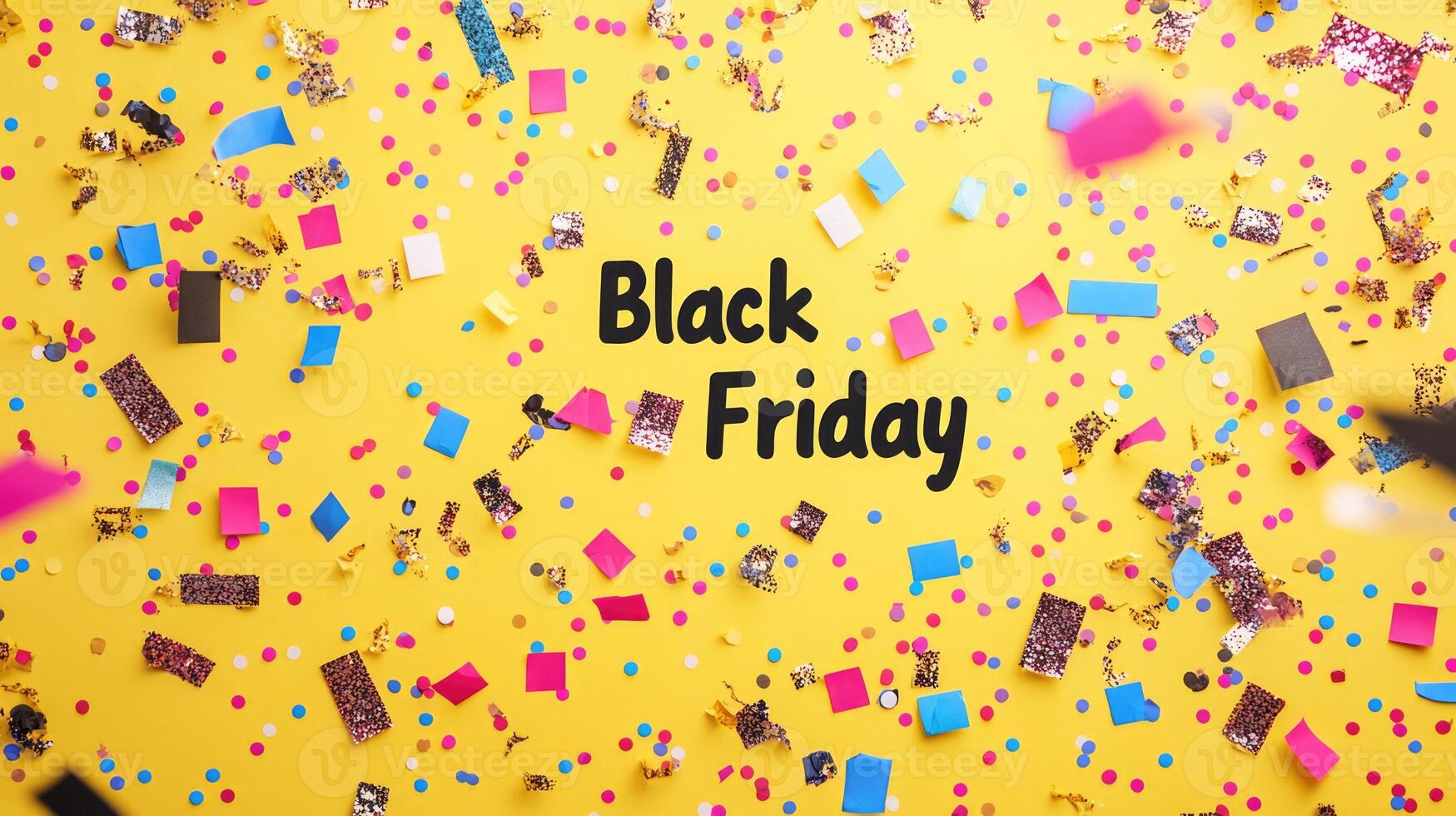 Black Friday text on yellow background with colourful confetti. Discount sale concept photo