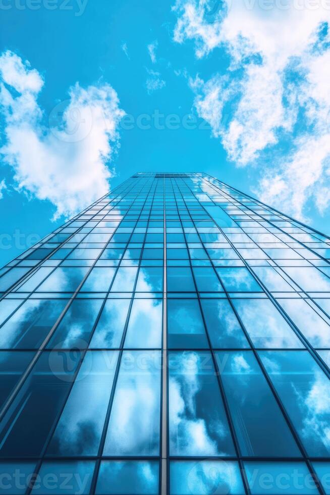 Low angle view of skyscraper with glass windows and blue sky background for business, trade and finance concept photo