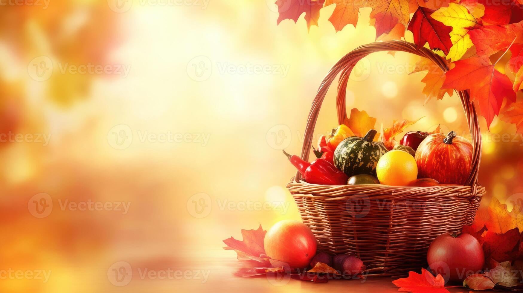 Basket with vegetables and fruits with copy space. Autumn and Thanksgiving concept. Apples, pumpkins and maple leaves photo
