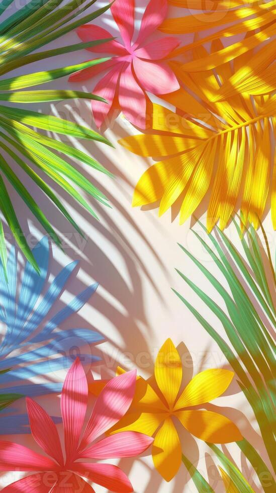 Colorful palm tree leaves background with copy space for text. Floral pattern wallpaper with shadows from shining sun photo