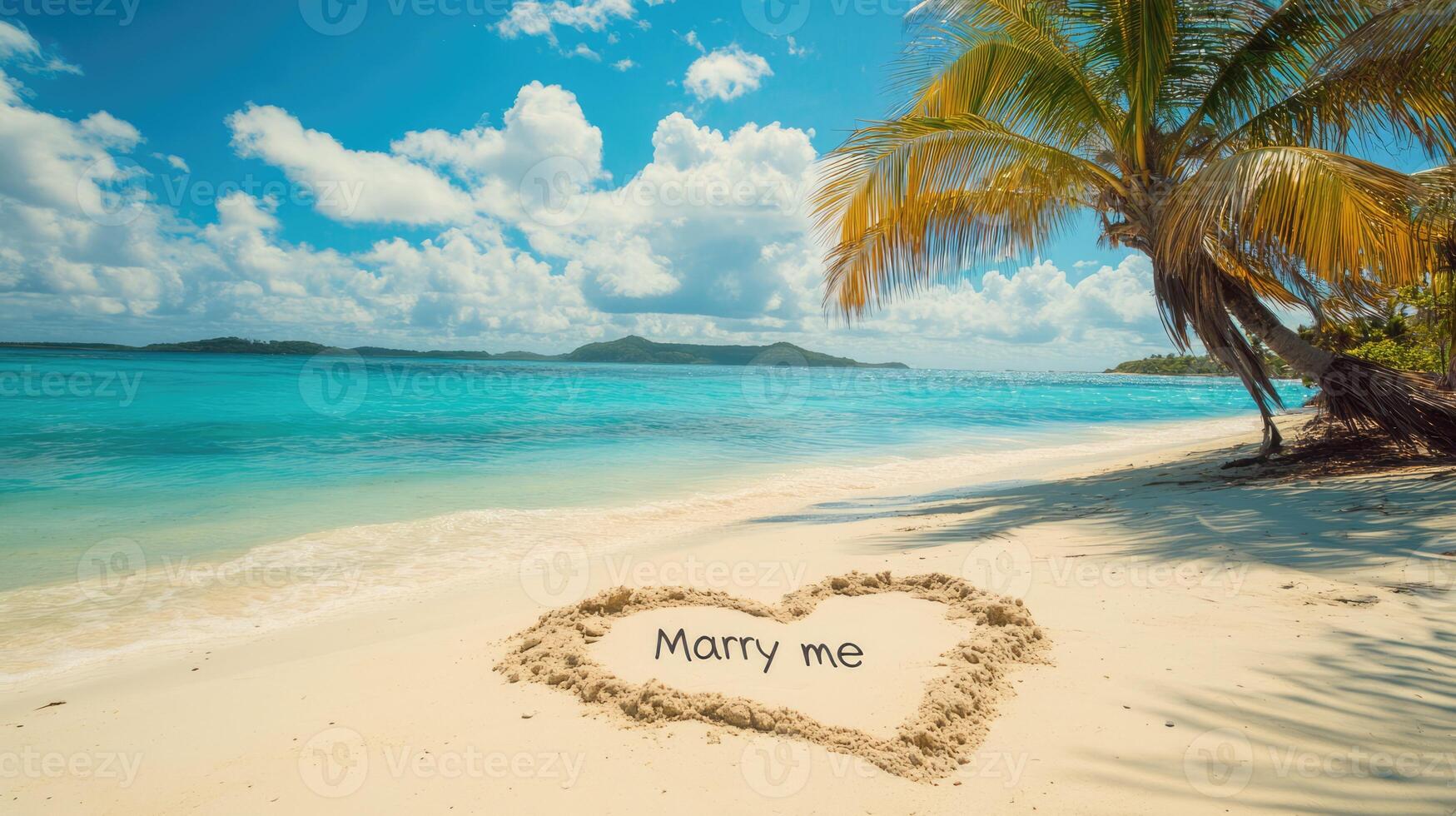 Marry me text and heart on the sand on the tropical sea beach. Proposal and happy marriage concept photo