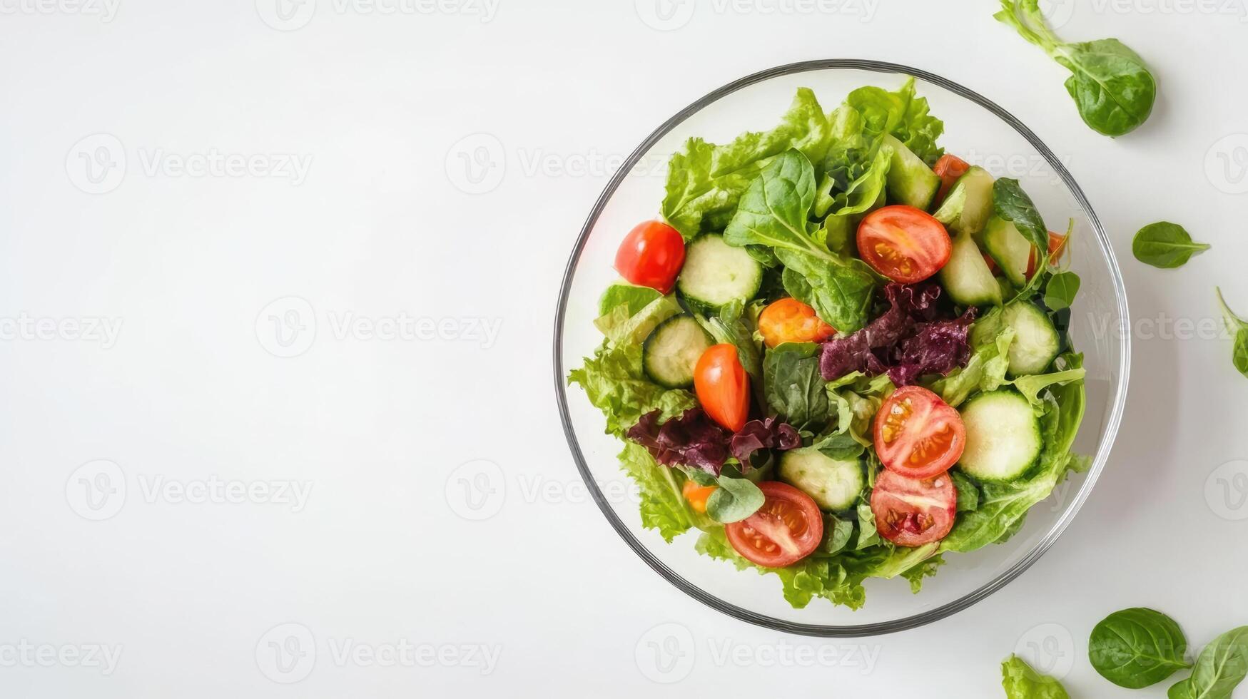 Salad with fresh summer vegetables top view on white background with copy space. Natural organic healthy vegetarian food photo